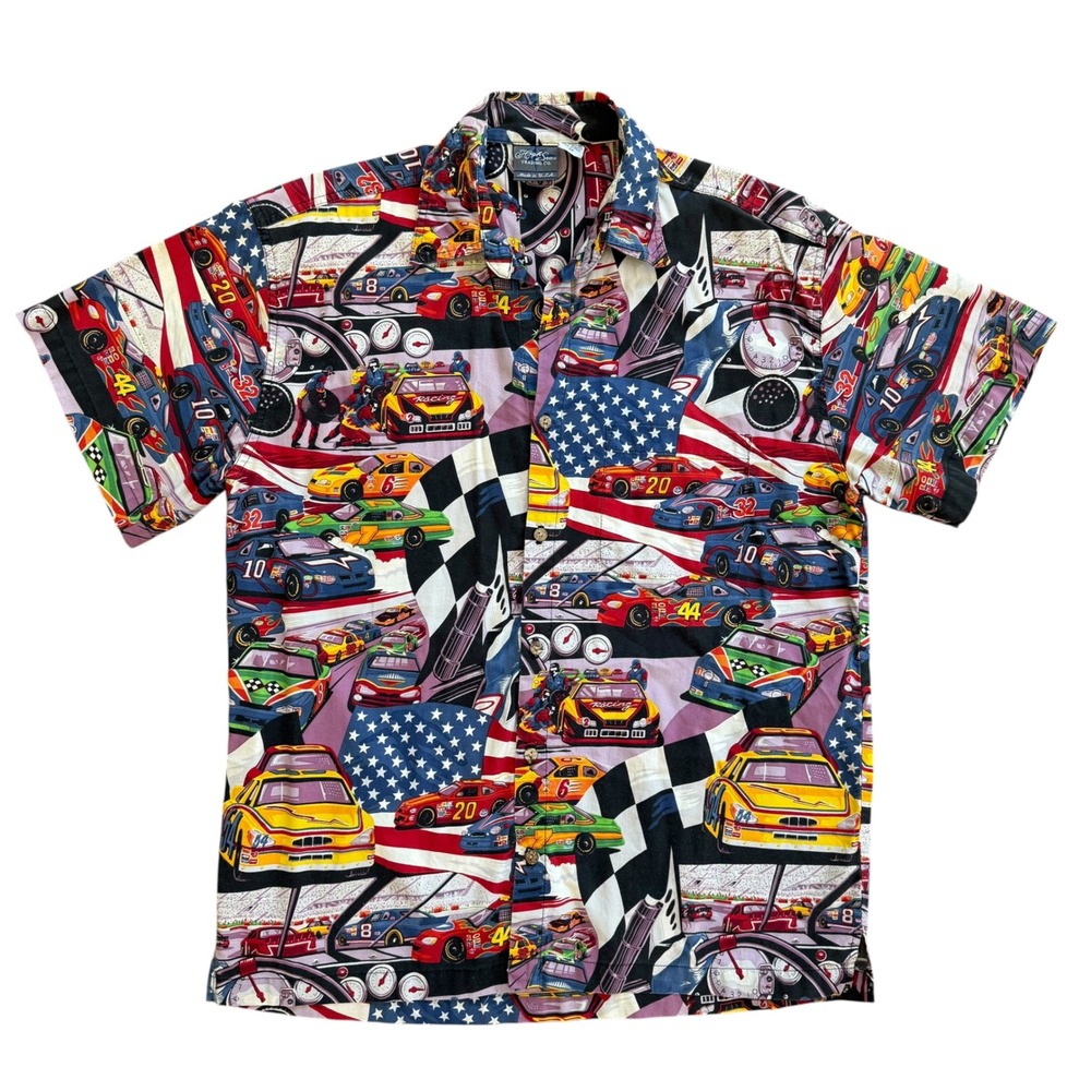 High Seas Trading Co Mens Race Car American Flag Button Up Shirt Medium USA Made